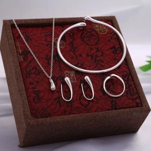 925 Sterling Silver Waterdrop Jewelry Set Bracelet Necklace Earrings Ring - Picture 6 of 16